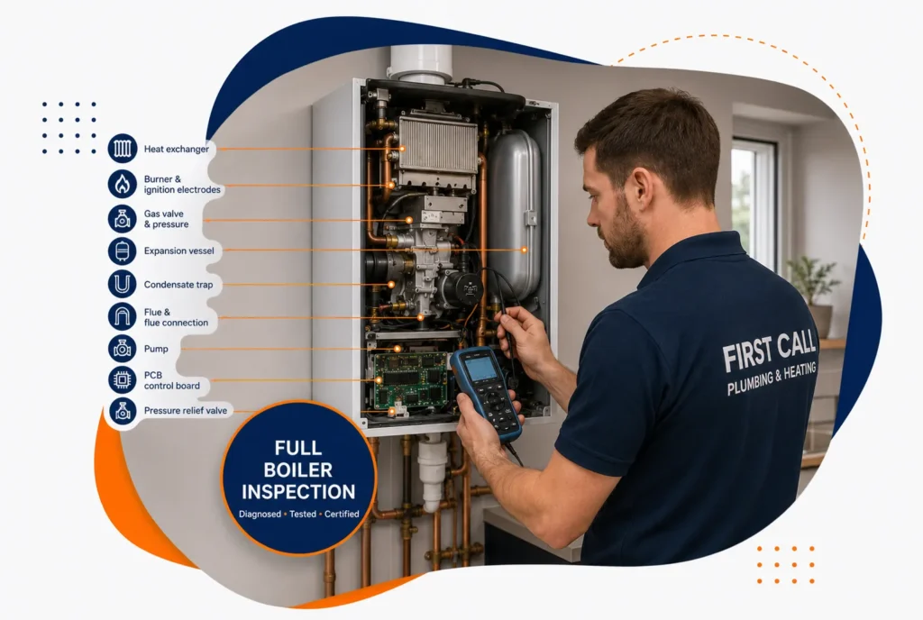 First Call Plumbing engineer diagnosing gas boiler heat exchanger and components Limerick