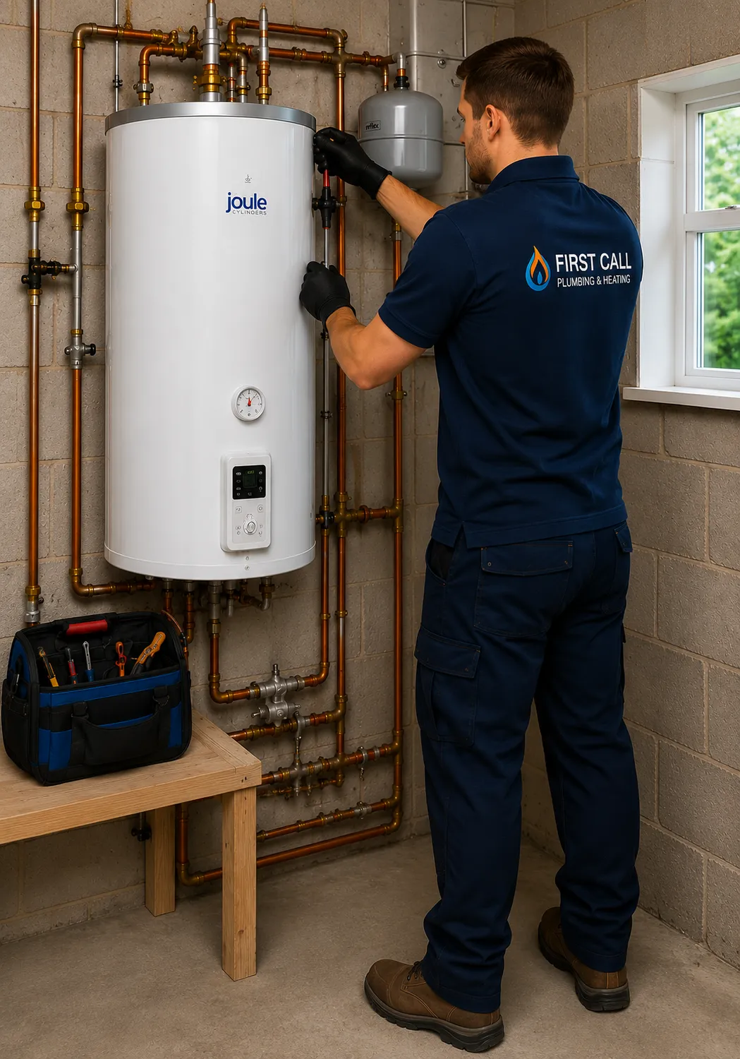 First Call Plumbing engineer installing Joule hot water cylinder Limerick