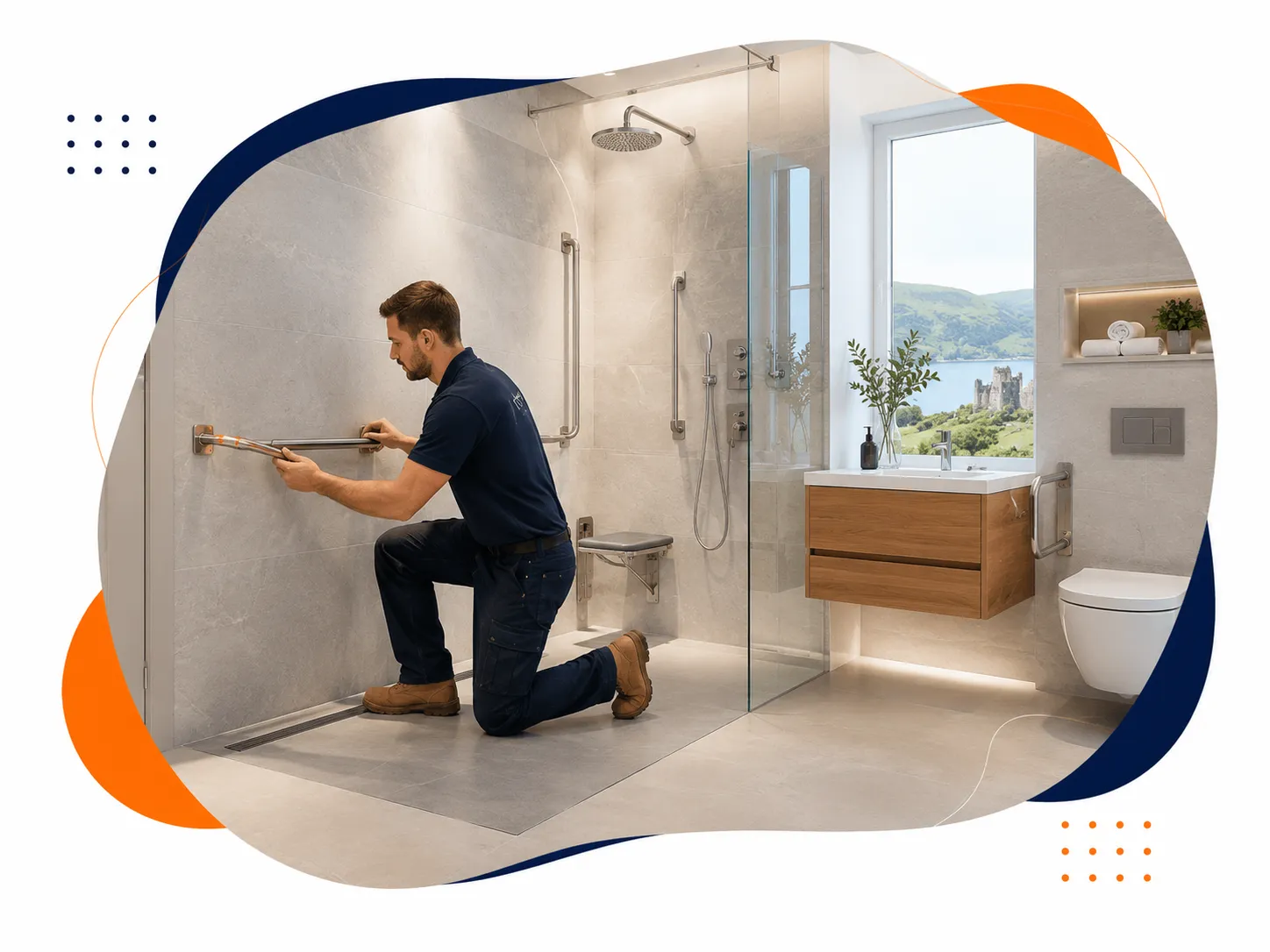 Bathroom fitter installing grab rail in accessible wet room Limerick